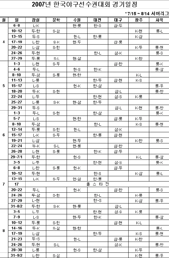 2007 프로야구 경기일정