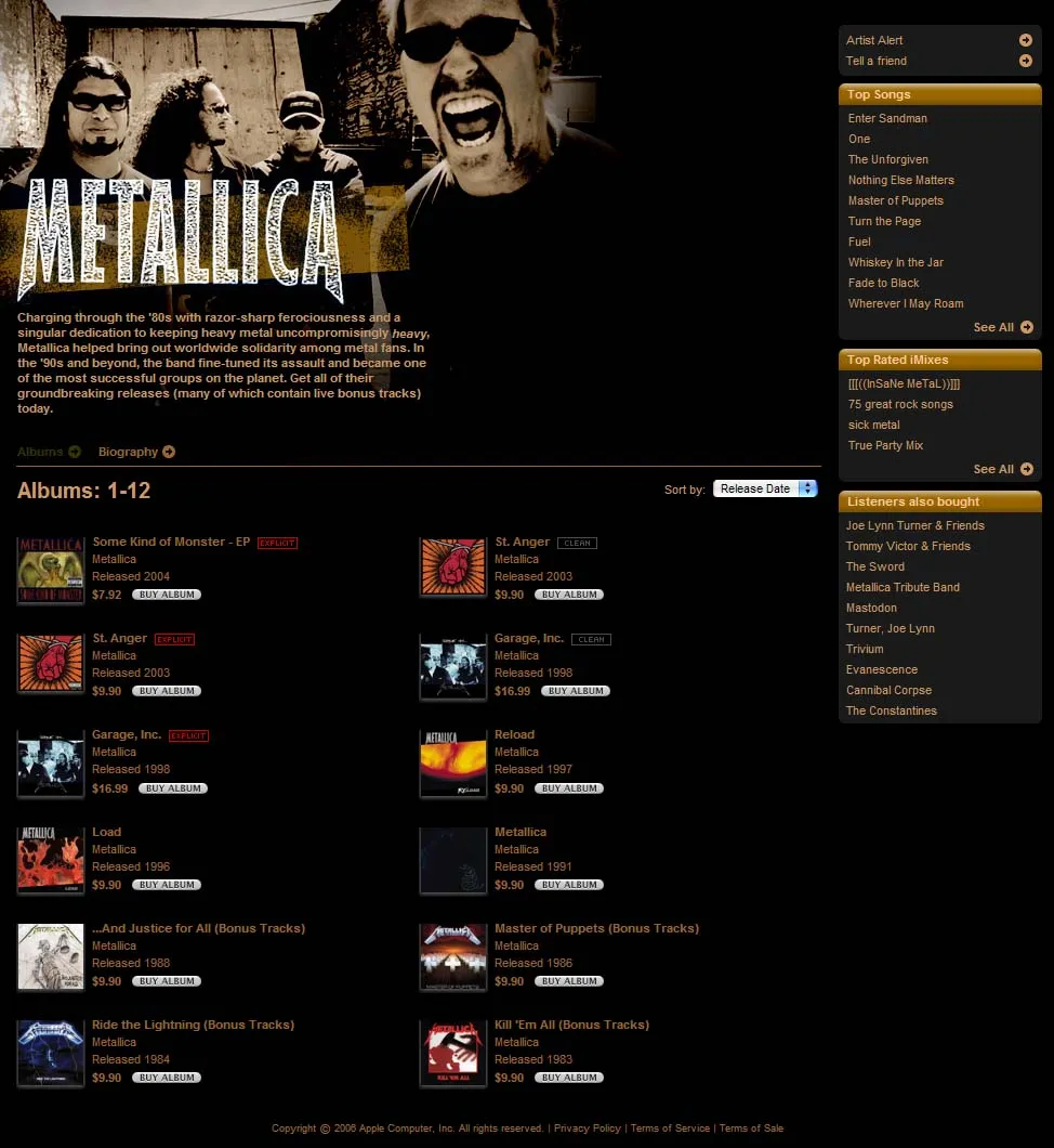 이제는 iTunes Music Store에서도 메탈리카 음악을!!