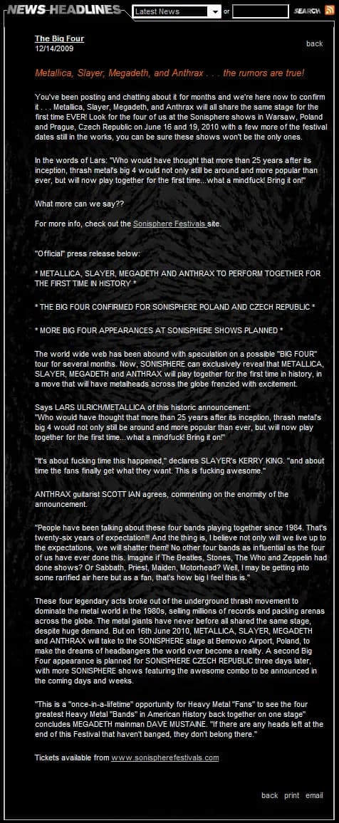 메탈리카와 슬레이어, 메가데스 그리고 엔드렉스가 한자리